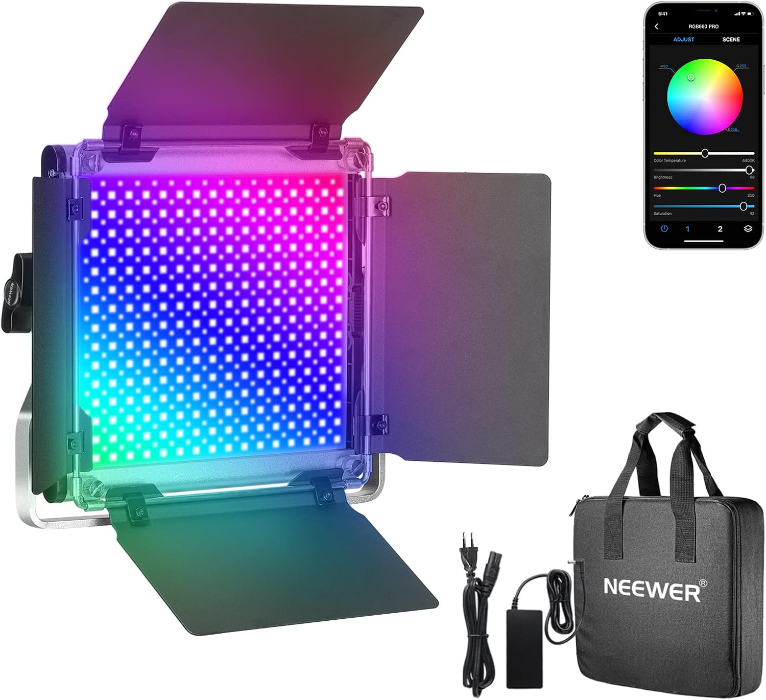 Panneau LED RGB Neewer RGB660 PRO 50W avec volets et bracket en U