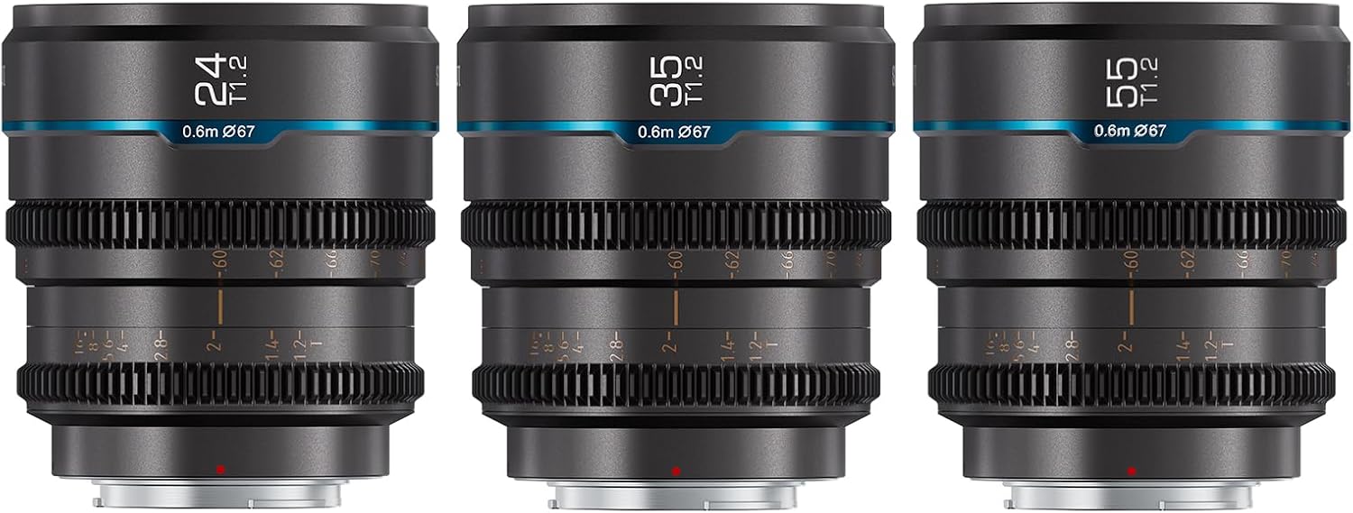 Kit Sirui Night Walker T1.2 S35 : trois objectifs cinéma 24, 35 et 55 mm en métal gris