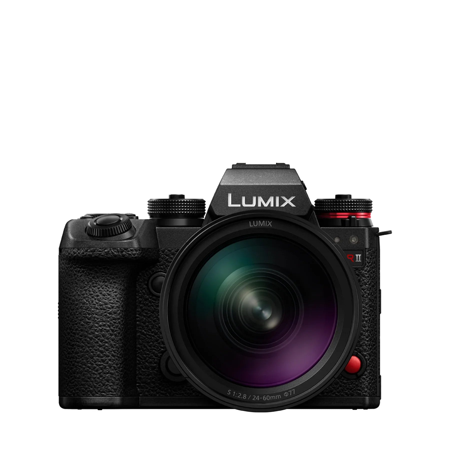 Panasonic Lumix S1R II, hybride plein format 44,3 Mpx en monture L, vu de face avec optique S 24-60 mm © Panasonic