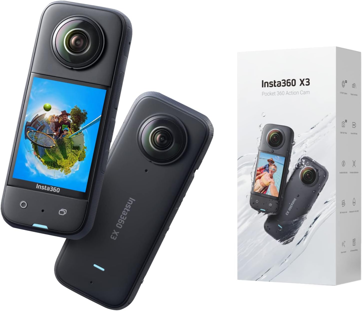 Camera 360 Insta360 X3 avec son ecran tactile et ses deux objectifs