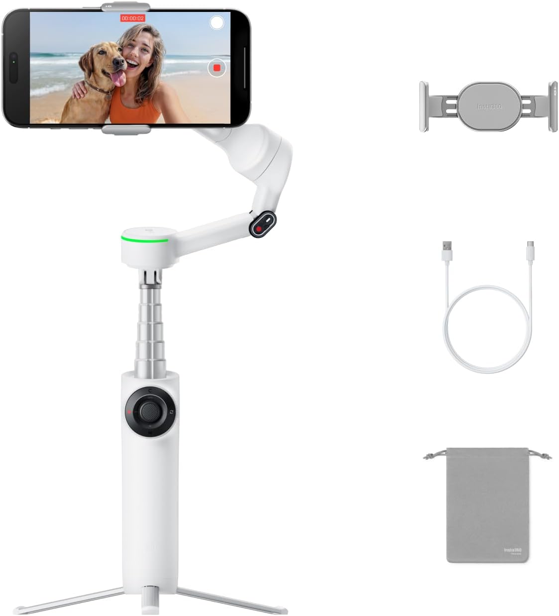 Stabilisateur smartphone Insta360 Flow 2 Pro déplié avec perche selfie et trépied intégrés