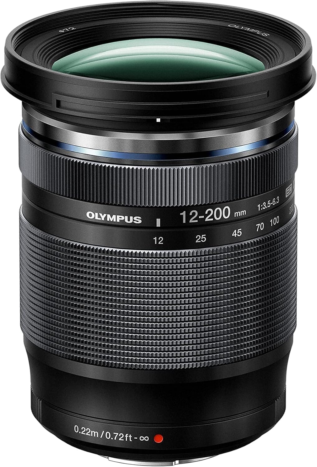 Objectif Olympus M.Zuiko Digital ED 12-200 mm F3.5-6.3 noir vu de face et de trois quarts