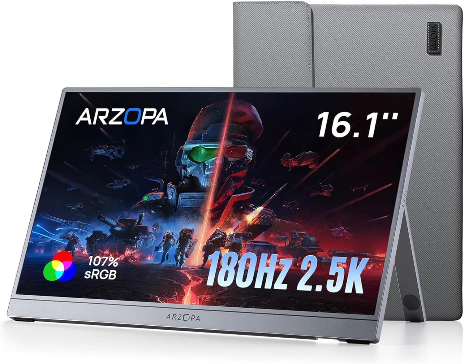 Moniteur portable ARZOPA 16,1 pouces QHD 180 Hz sur son pied-bequille, relie en USB-C a un ordinateur portable