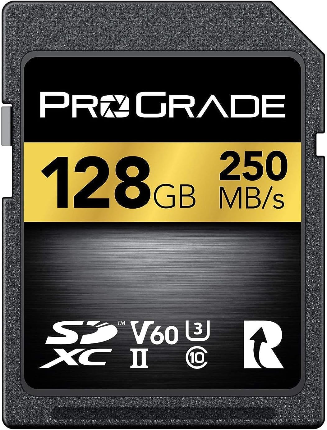 Face avant d'une carte SDXC UHS-II ProGrade Digital Gold 128 Go, marquée V60 et 250 Mo/s en lecture