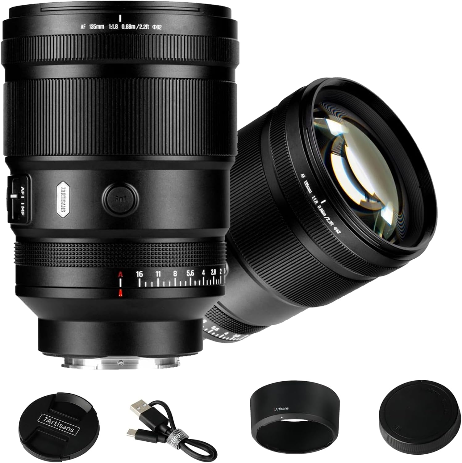 Objectif 7Artisans AF 135 mm f/1,8 MAX noir avec son étui et ses accessoires