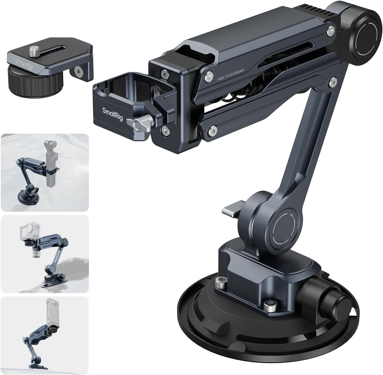 Support amortisseur SmallRig 5123 à ventouse pour caméra d’action, avec ressort et bras articulé.
