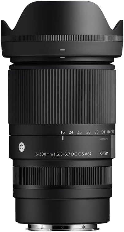 Sigma 16–300 mm F3.5–6.7 DC OS Contemporary avec pare-soleil, vu de côté