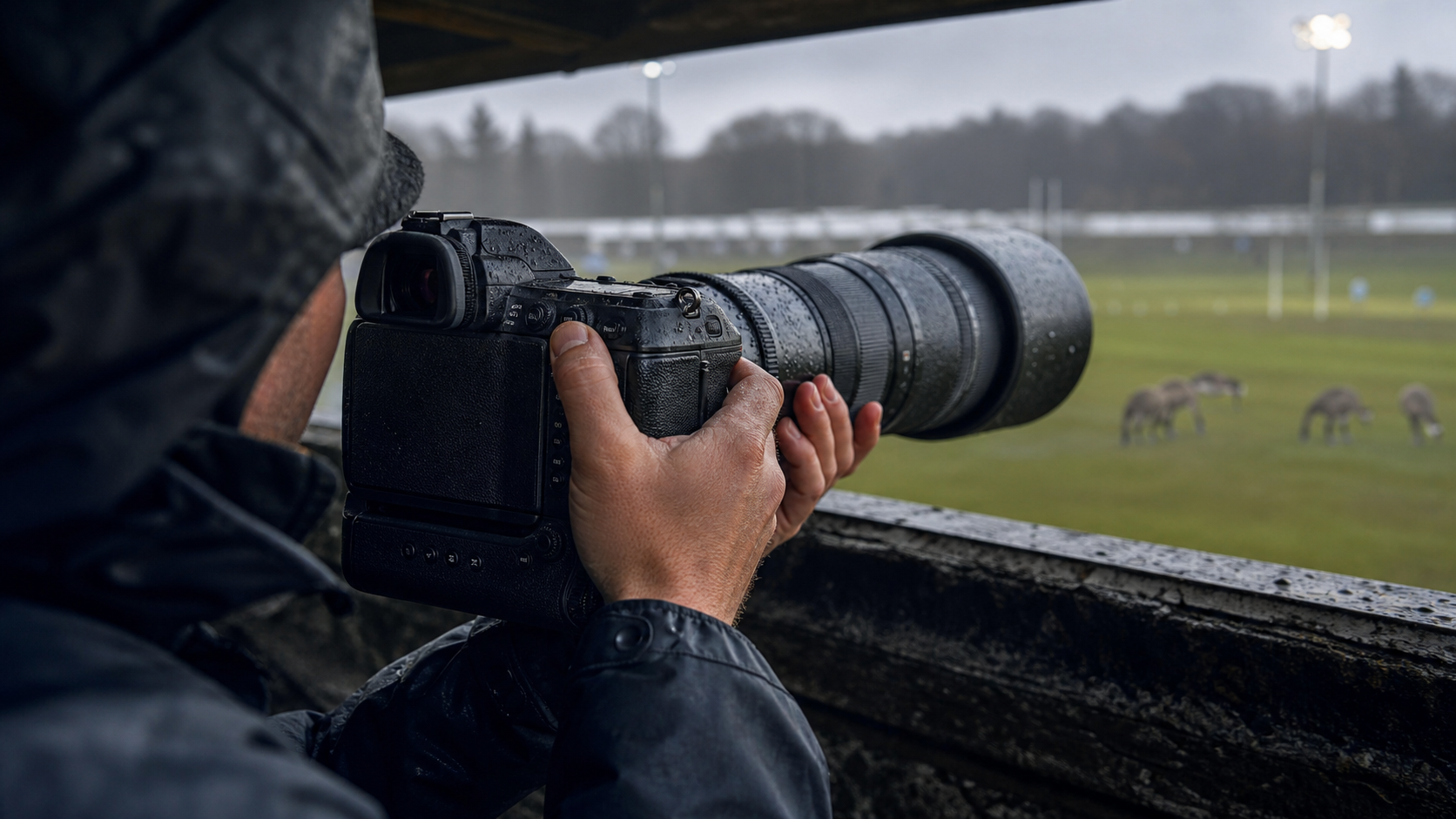 Photographe utilisant un boîtier hybride professionnel avec grip intégré et téléobjectif sous la pluie