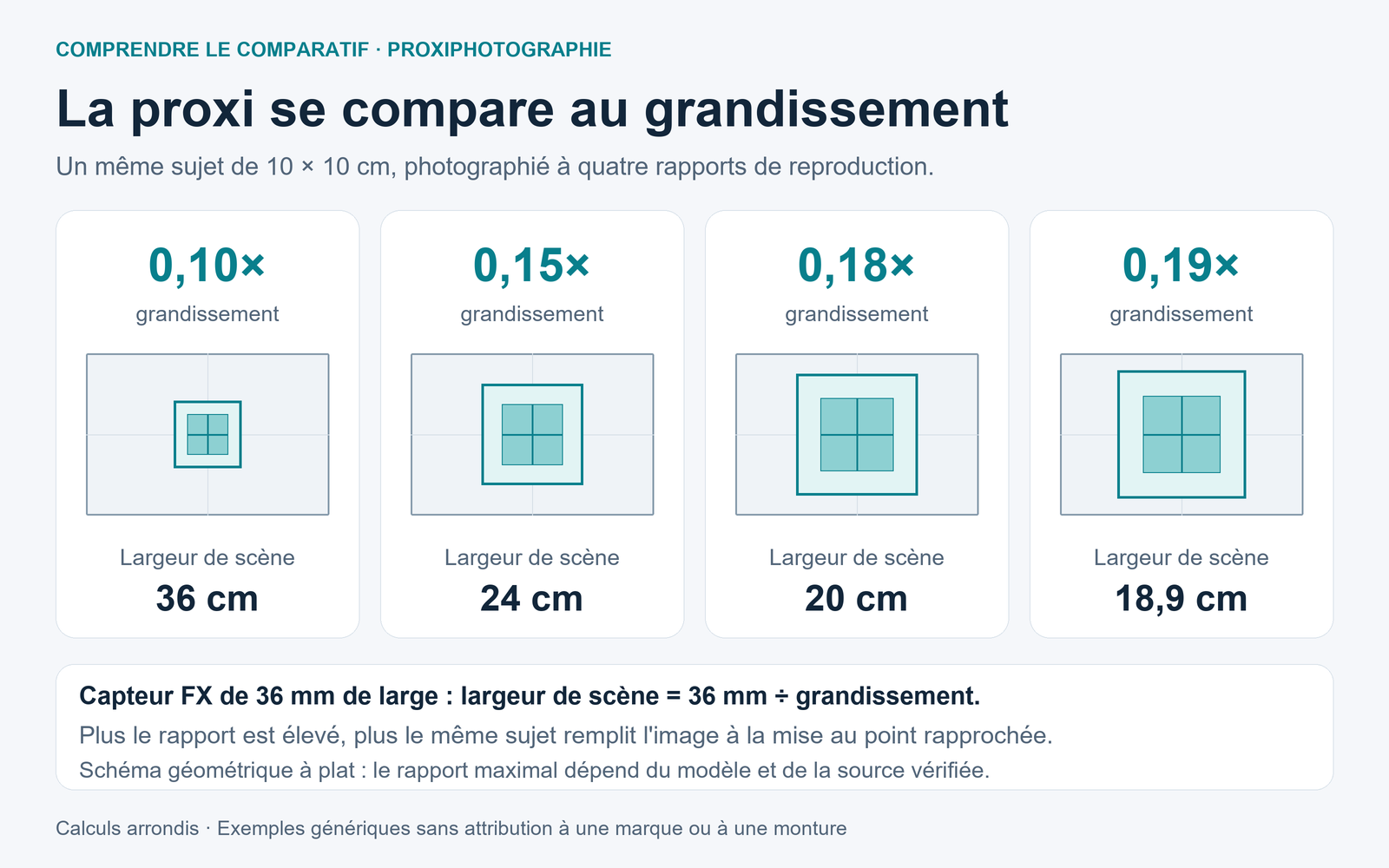 Un sujet carré de 10 cm remplit progressivement quatre cadres FX aux grandissements 0,10×, 0,15×, 0,18× et 0,19×.