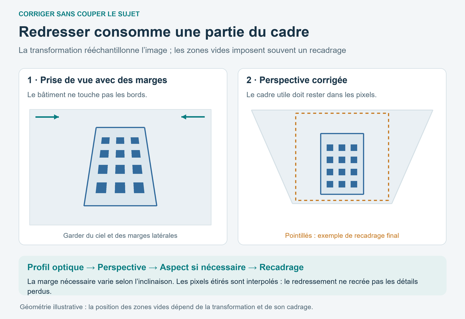 Façade convergente cadrée avec de la marge, puis même façade redressée avec une empreinte d’image trapézoïdale et un rectangle de recadrage à l’intérieur des pixels disponibles.