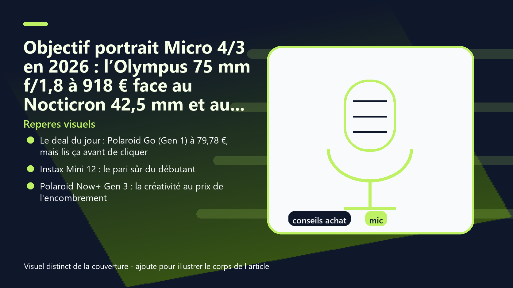 Infographie de reperes visuels pour l article Objectif portrait Micro 4/3 en 2026 : l’Olympus 75 mm f/1,8 à 918 € face au Nocticron 42,5 mm et au Sigma 56 mm