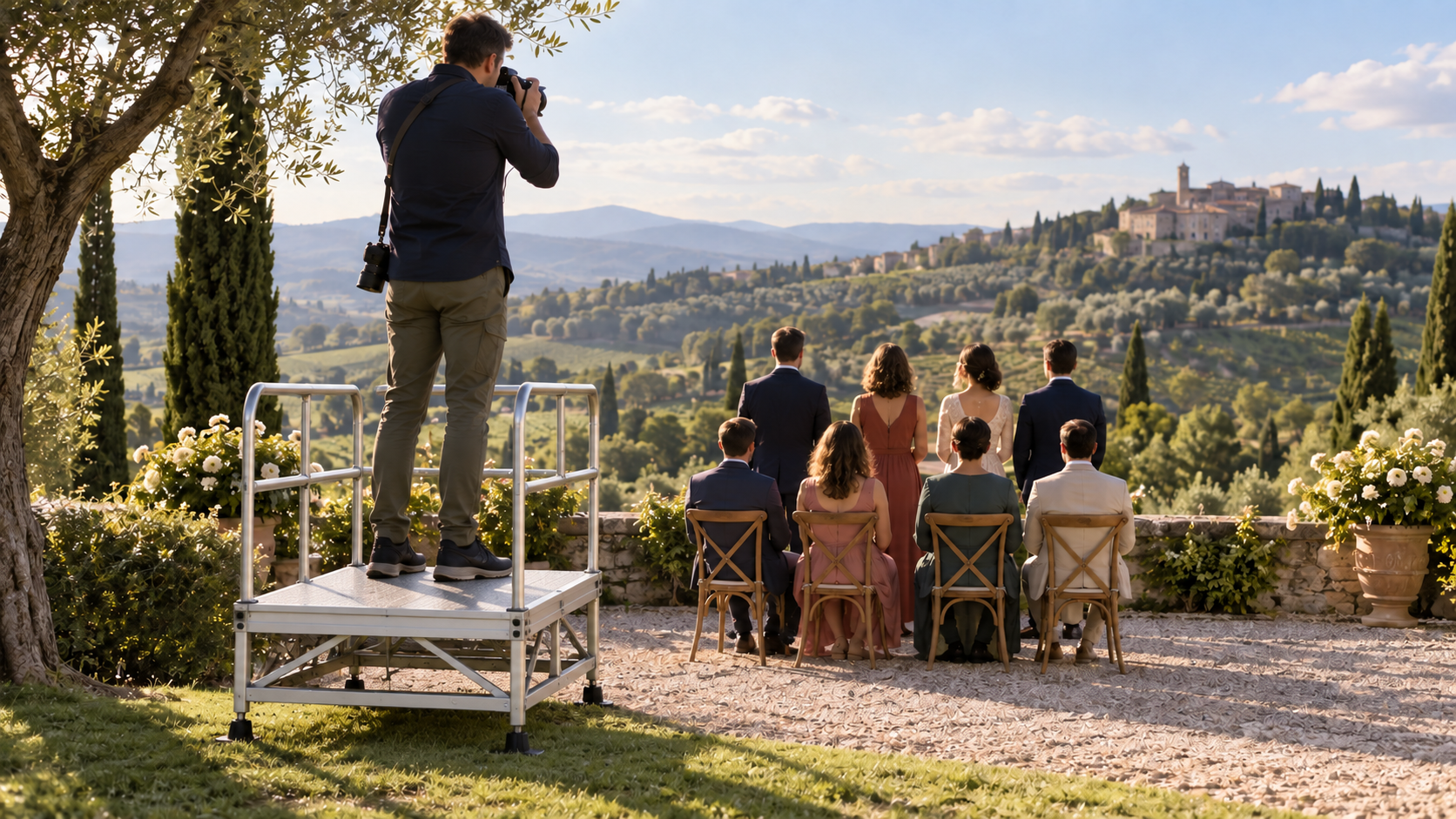 Photographe installé en sécurité sur une petite plateforme pour cadrer un groupe depuis un point de vue légèrement surélevé
