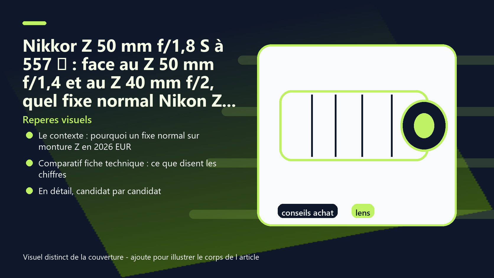 Infographie de reperes visuels pour l article Nikkor Z 50 mm f/1,8 S à 557 : face au Z 50 mm f/1,4 et au Z 40 mm f/2, quel fixe normal Nikon Z choisir en 2026 EUR
