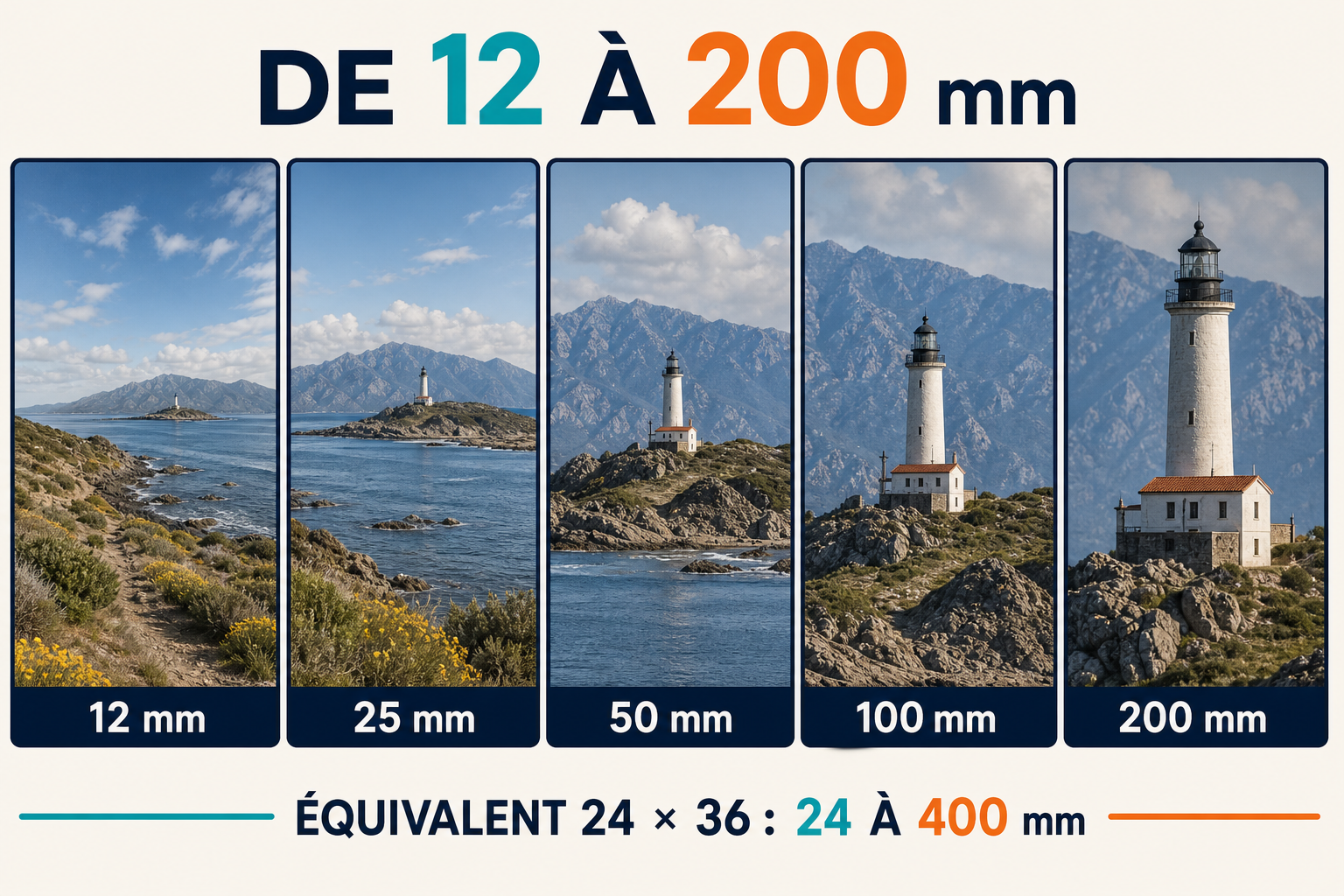 Même paysage cadré à 12, 25, 50, 100 et 200 mm avec resserrement progressif sur un phare