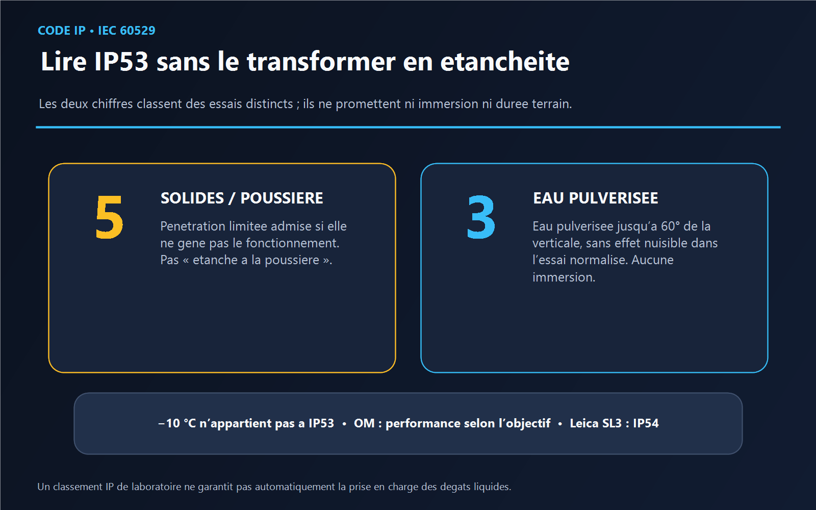 Décomposition de l’indice IP53 en protection contre la poussière et contre l’eau pulvérisée, avec exclusion de l’immersion