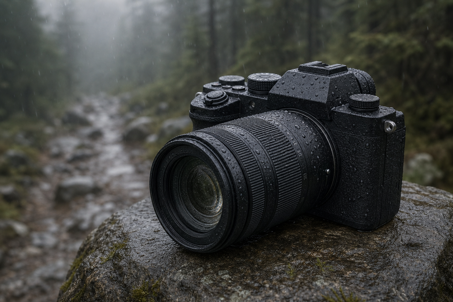 Appareil photo hybride sans marque couvert de gouttes sous une pluie légère, posé sur un rocher en forêt