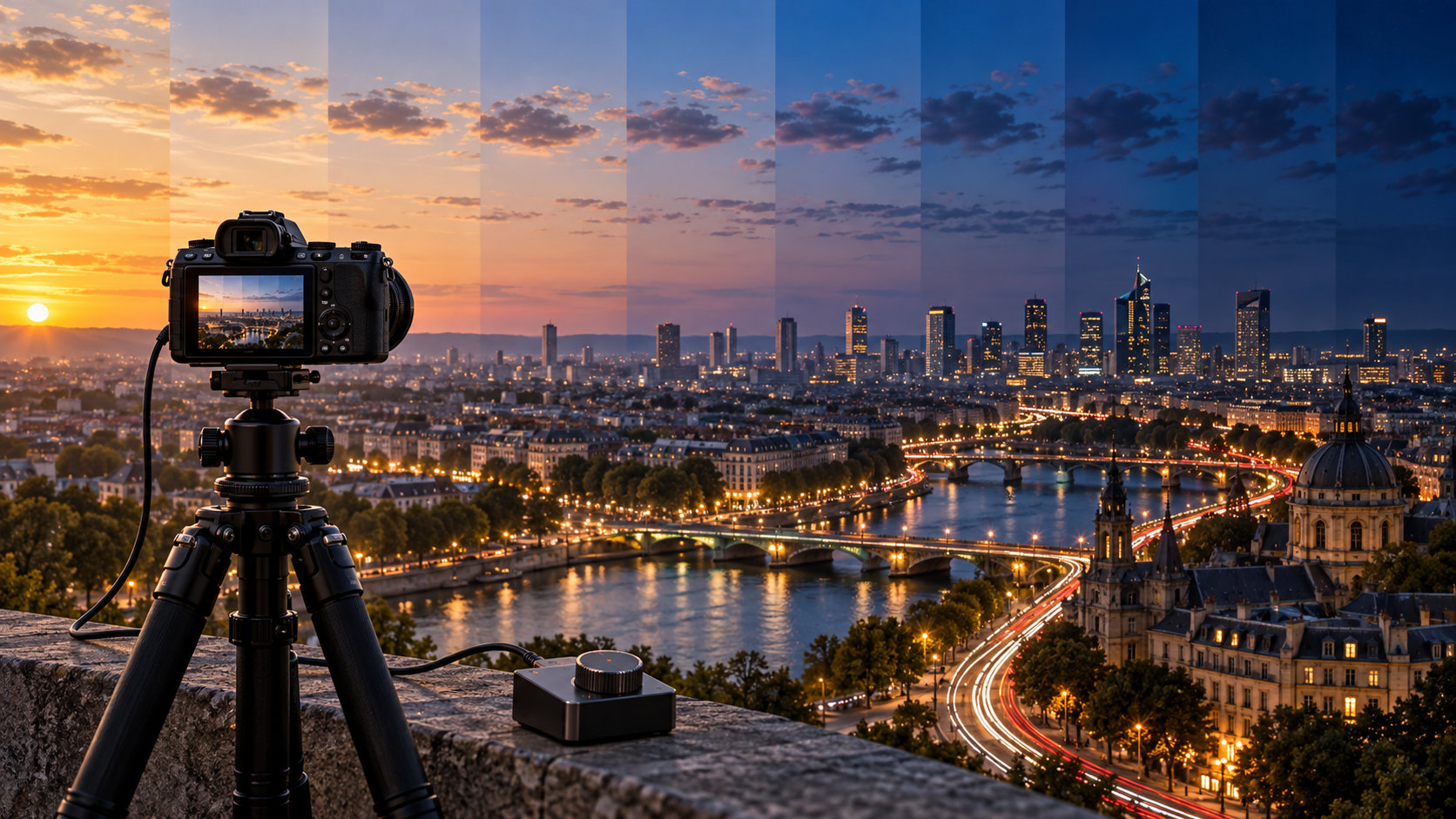 Appareil photo sur trépied au crépuscule devant un ciel en mouvement, configuration de prise de vue time-lapse
