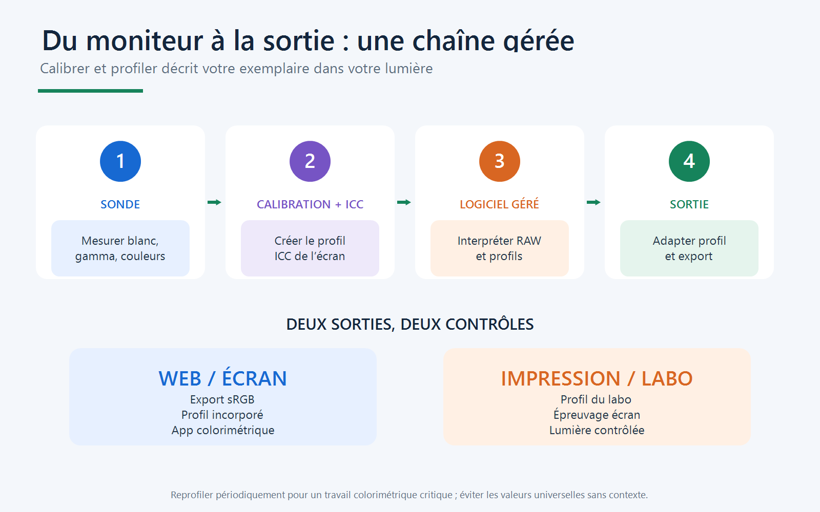 Workflow de gestion des couleurs reliant une sonde, le profil ICC de l'écran, le logiciel de retouche et la sortie web ou impression