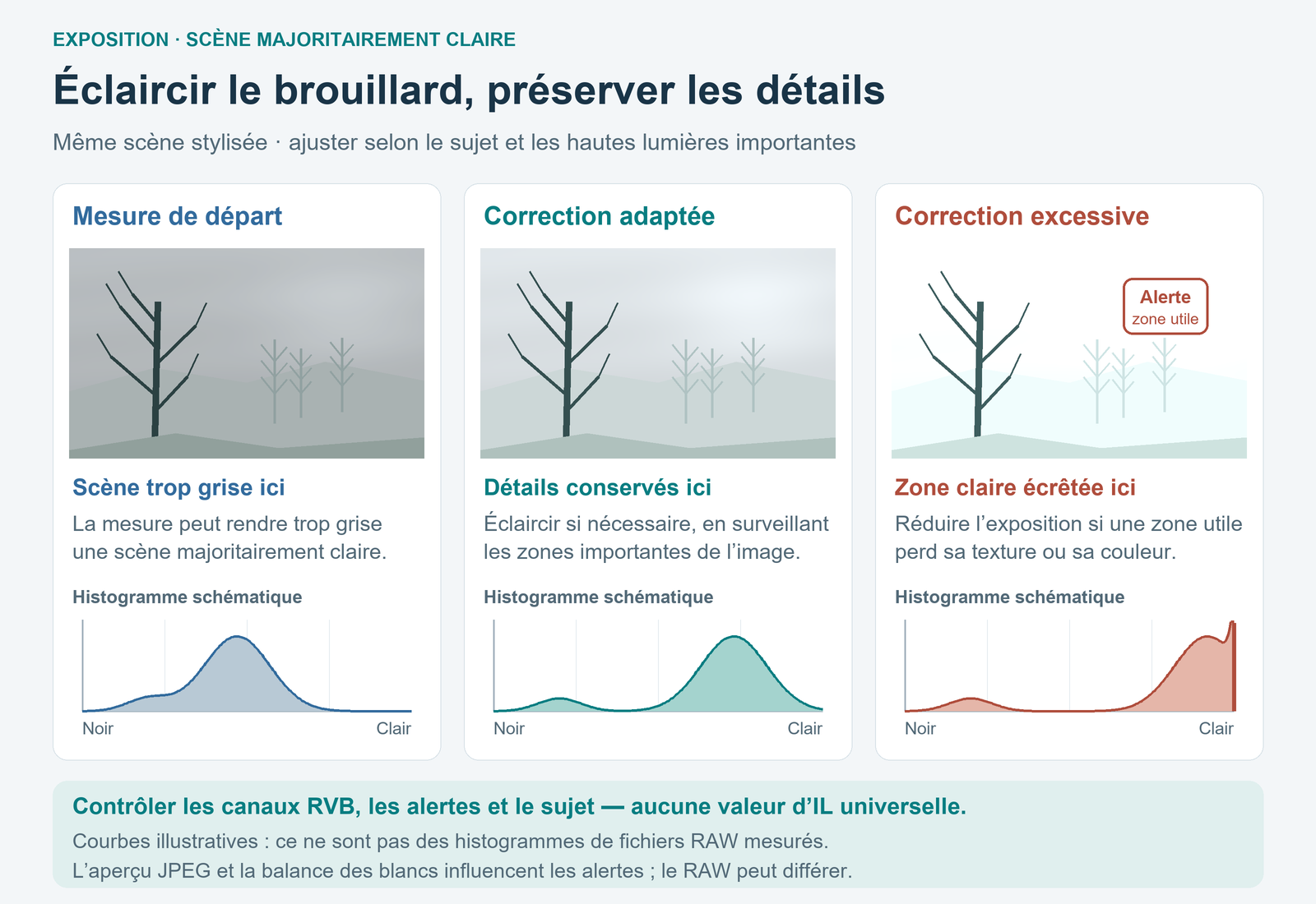 Même scène brumeuse stylisée en trois expositions : rendu gris, correction adaptée et hautes lumières écrêtées, avec histogrammes schématiques.