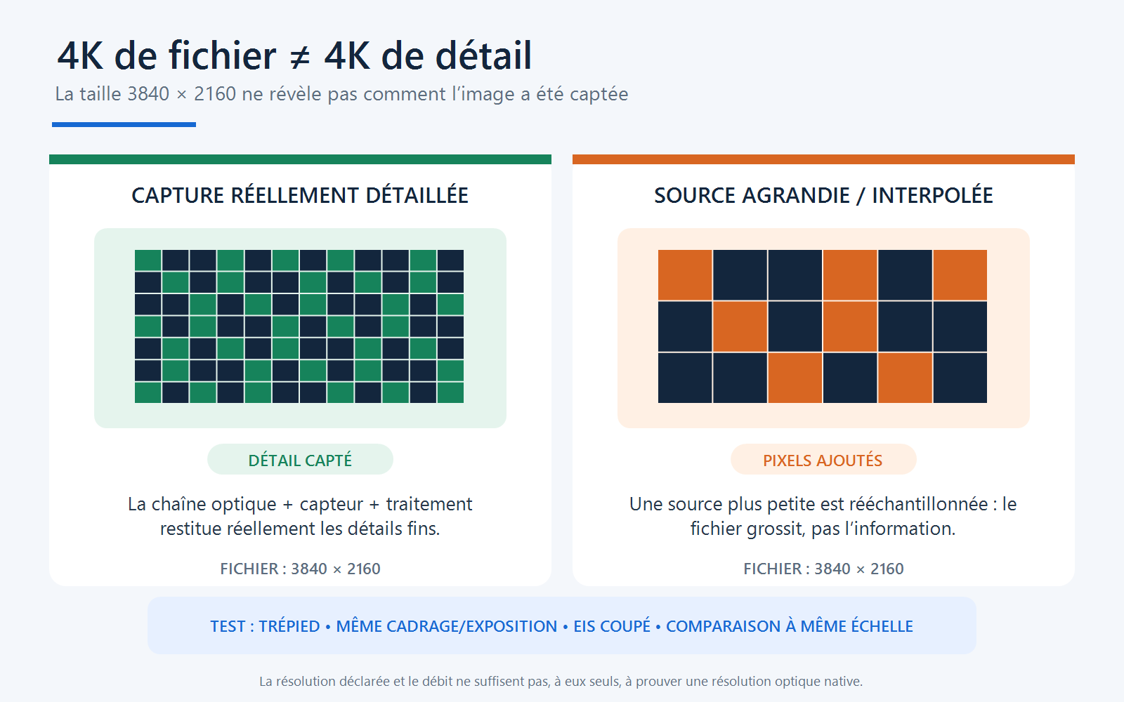 Comparaison entre une image réellement détaillée et un fichier 3840 × 2160 obtenu par interpolation, avec protocole de test contrôlé
