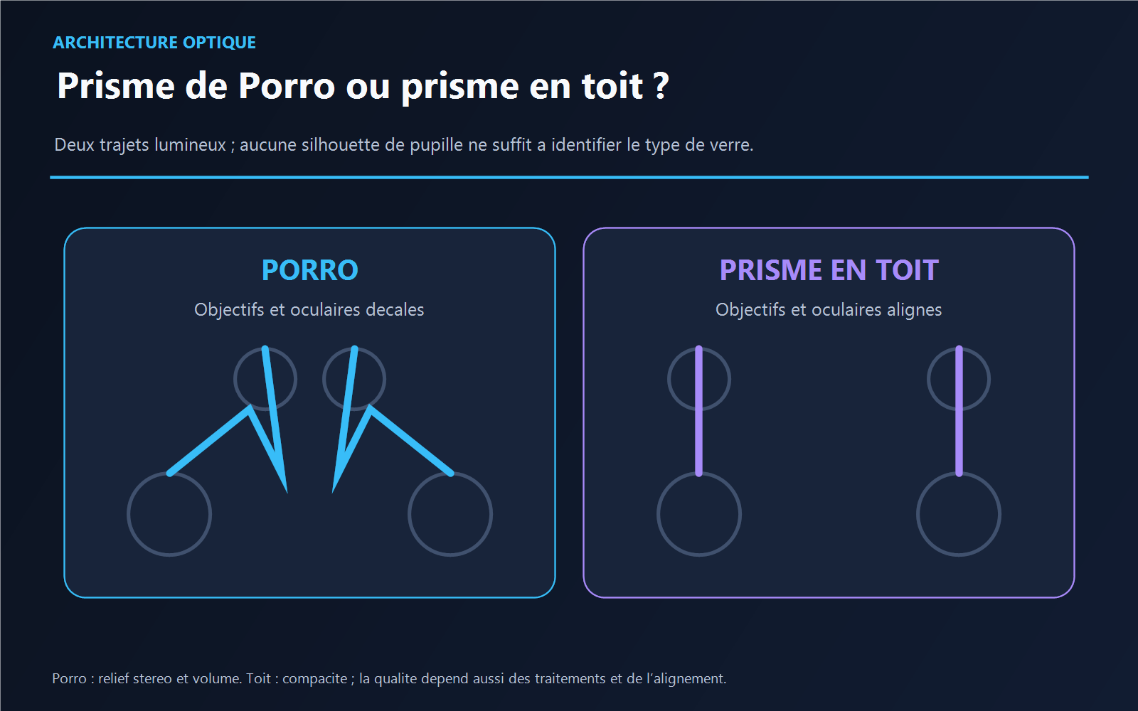 Schéma comparant les trajets lumineux de jumelles à prismes de Porro et à prismes en toit