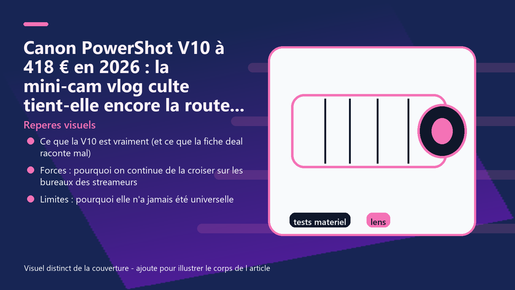 Infographie de reperes visuels pour l article Canon PowerShot V10 à 418 € en 2026 : la mini-cam vlog culte tient-elle encore la route trois ans après EUR