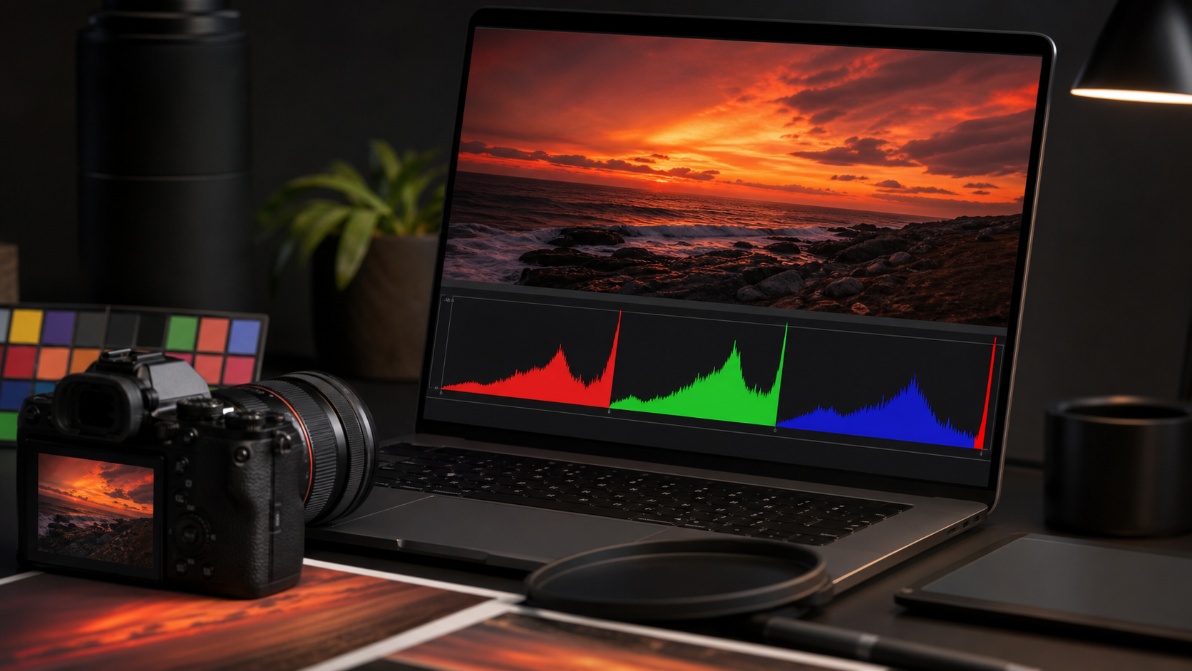Ecran de retouche affichant des histogrammes RGB avec le canal rouge sature sur un coucher de soleil