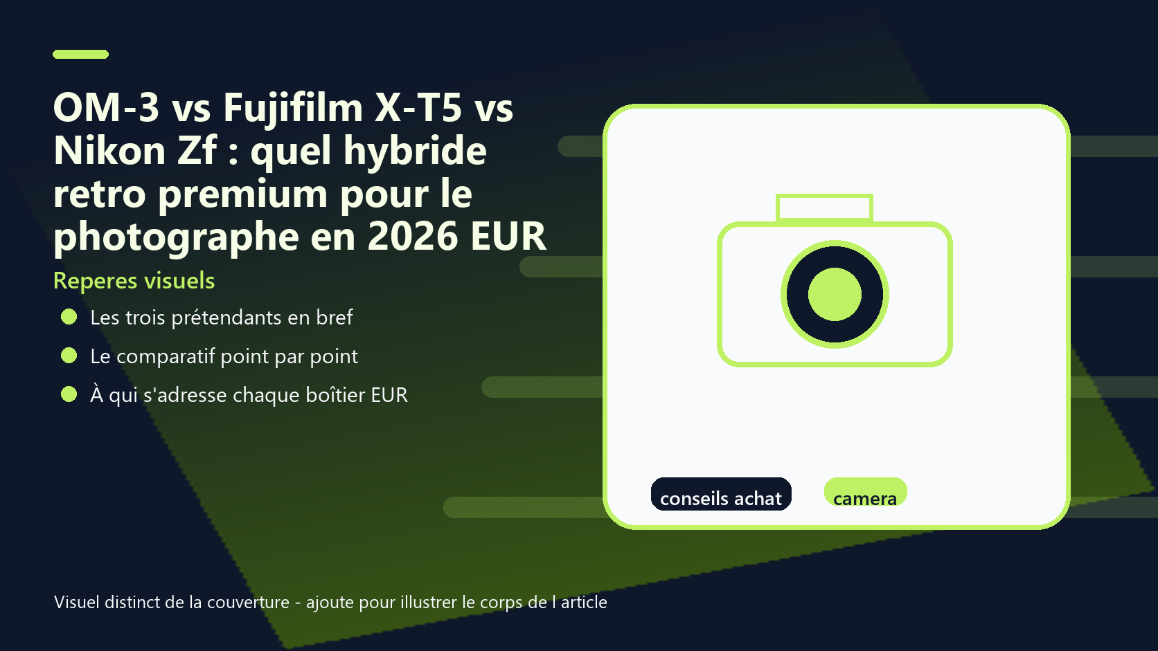 Infographie de reperes visuels pour l article OM-3 vs Fujifilm X-T5 vs Nikon Zf : quel hybride retro premium pour le photographe en 2026 EUR