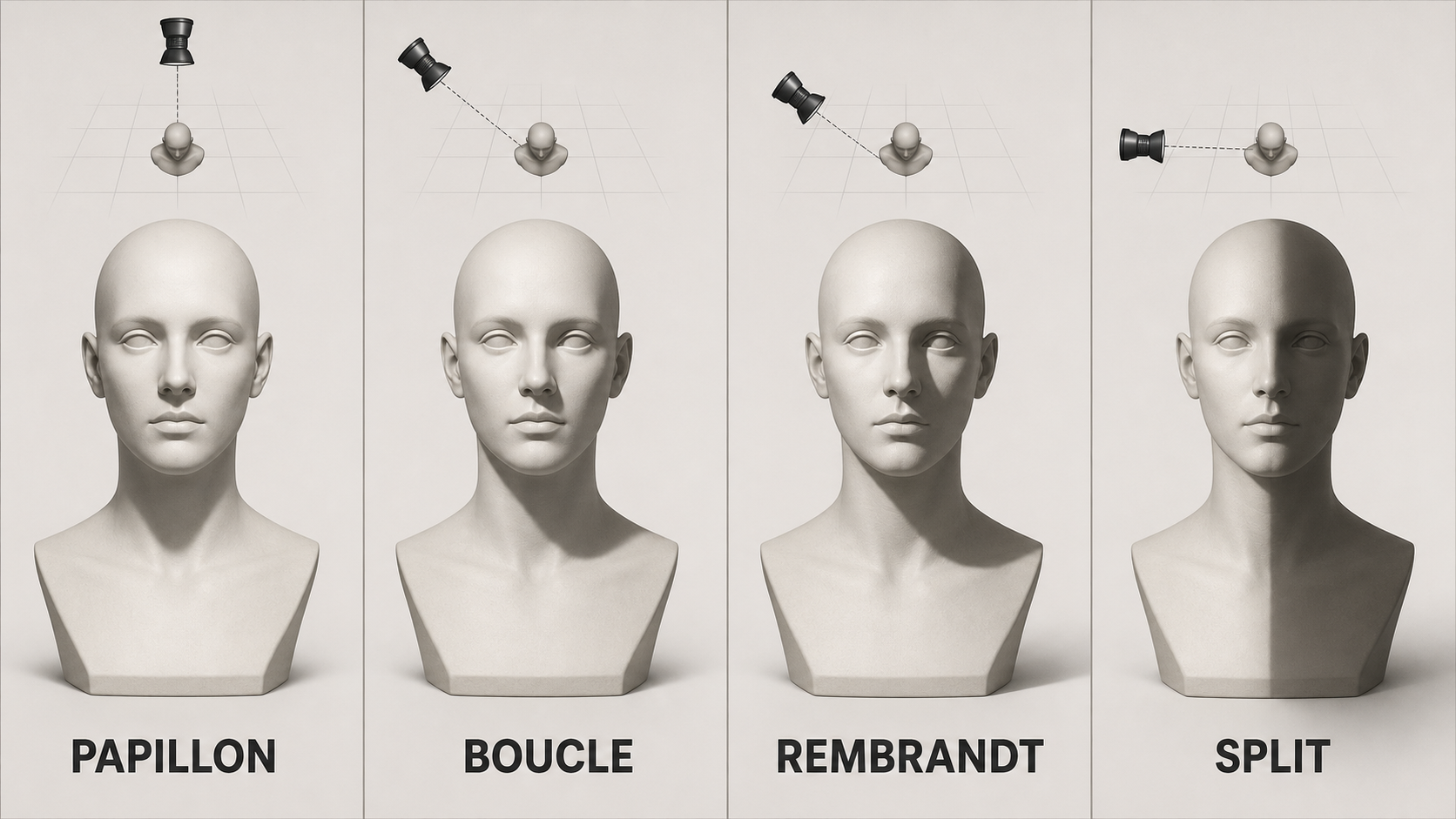 Comparaison des ombres papillon, boucle, Rembrandt et split sur quatre bustes éclairés