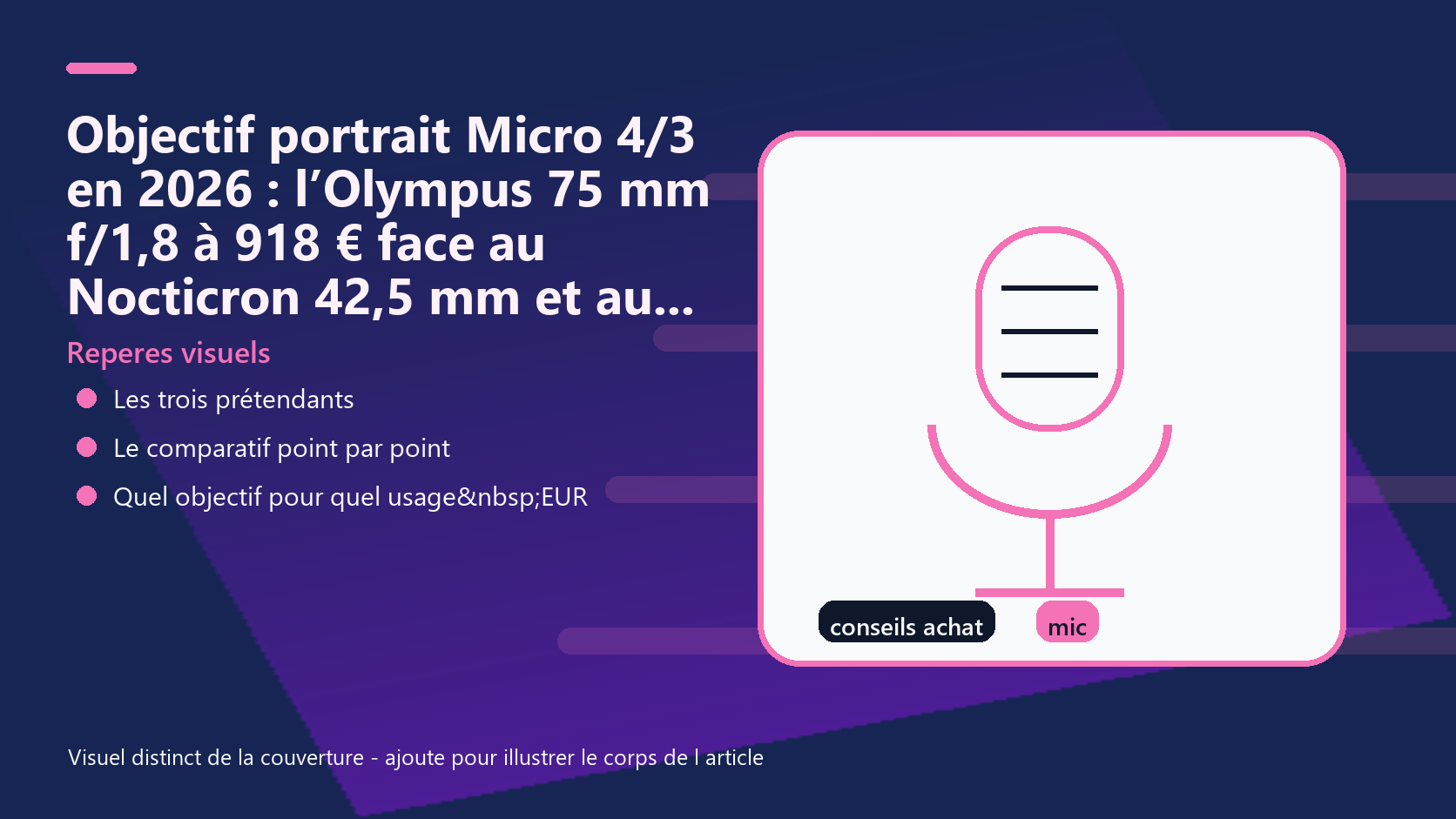 Infographie de reperes visuels pour l article Objectif portrait Micro 4/3 en 2026 : l’Olympus 75 mm f/1,8 à 918 € face au Nocticron 42,5 mm et au Sigma 56 mm