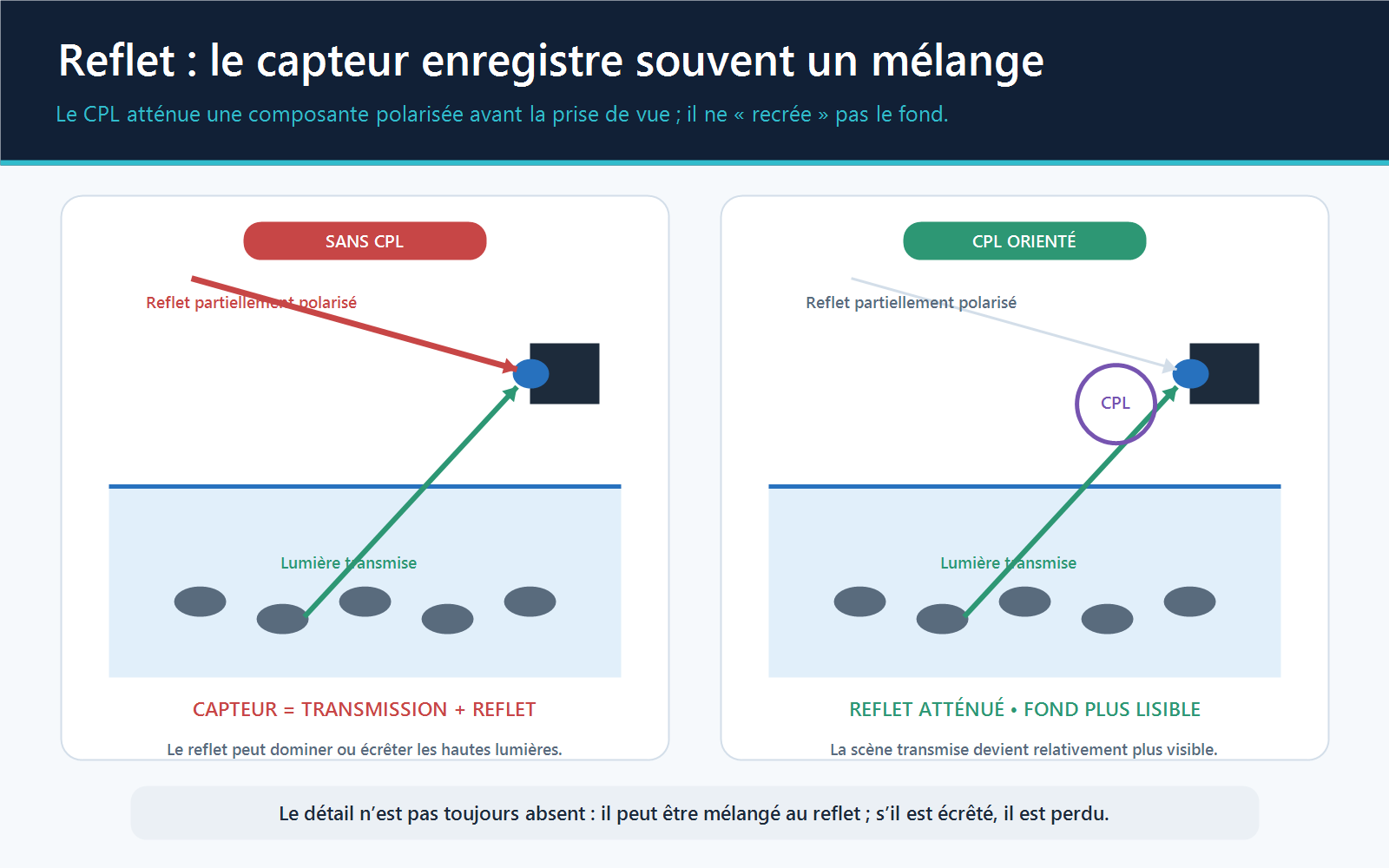 Coupe d’un plan d’eau montrant un reflet partiellement polarisé atténué par un CPL orienté, révélant mieux les galets sous la surface.