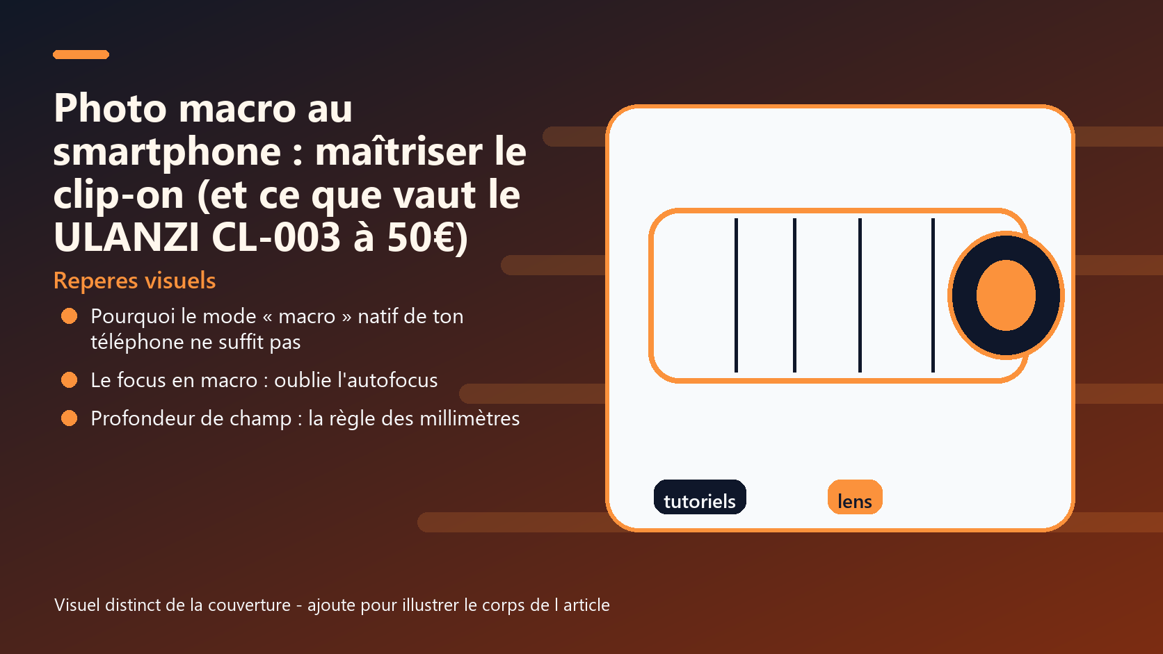 Infographie de reperes visuels pour l article Photo macro au smartphone : maîtriser le clip-on (et ce que vaut le ULANZI CL-003 à 50€)