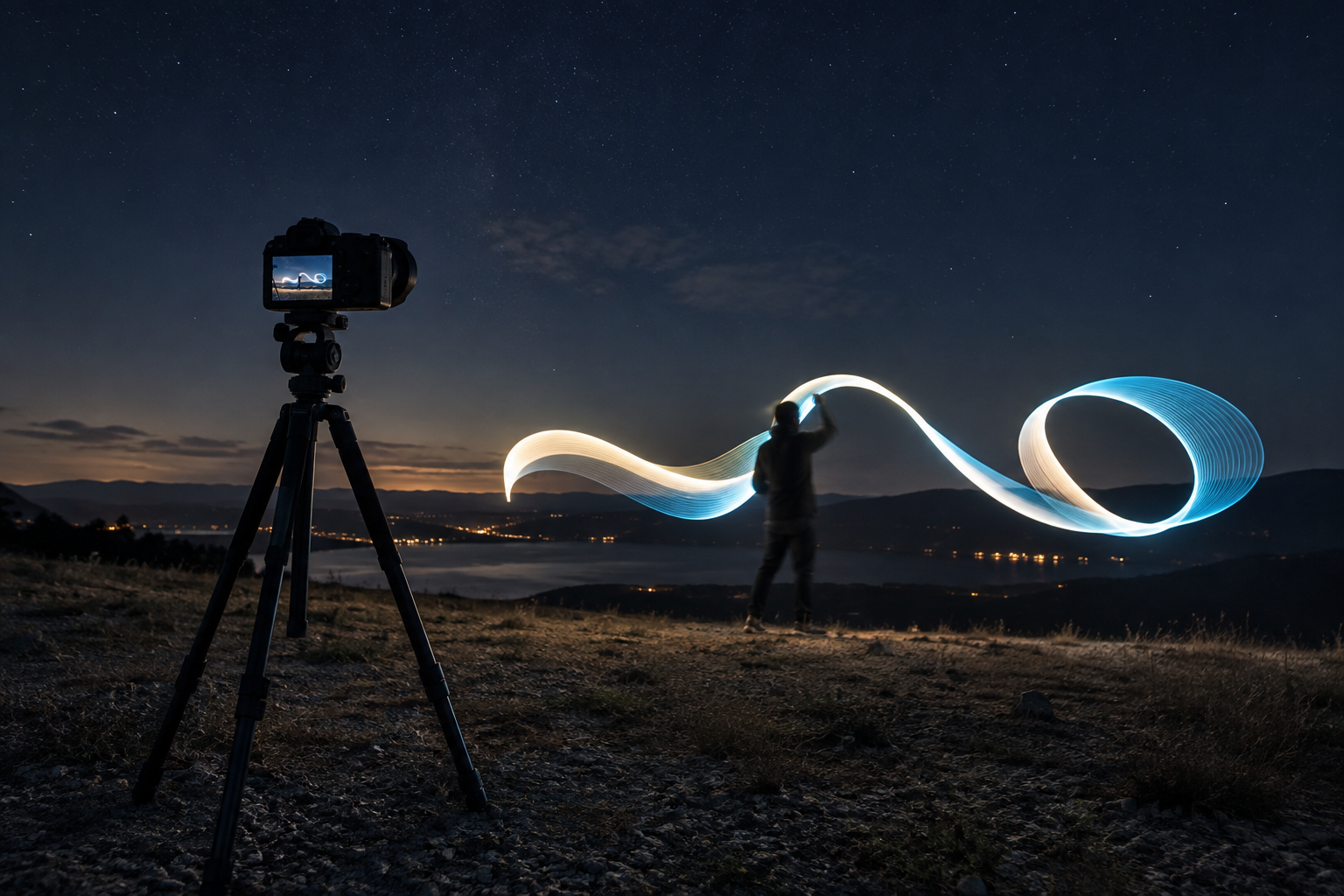 Appareil photo sur trépied enregistrant une silhouette qui trace un ruban lumineux blanc et bleu dans un paysage nocturne