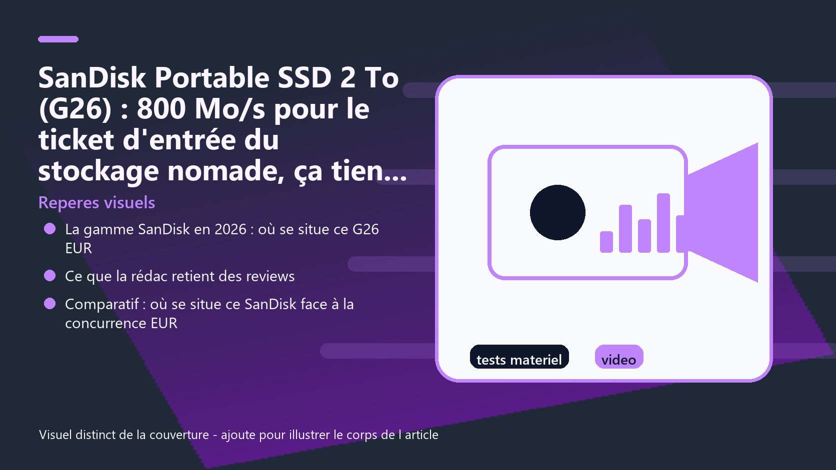 Infographie de reperes visuels pour l article SanDisk Portable SSD 2 To (G26) : 800 Mo/s pour le ticket d'entrée du stockage nomade, ça tient EUR