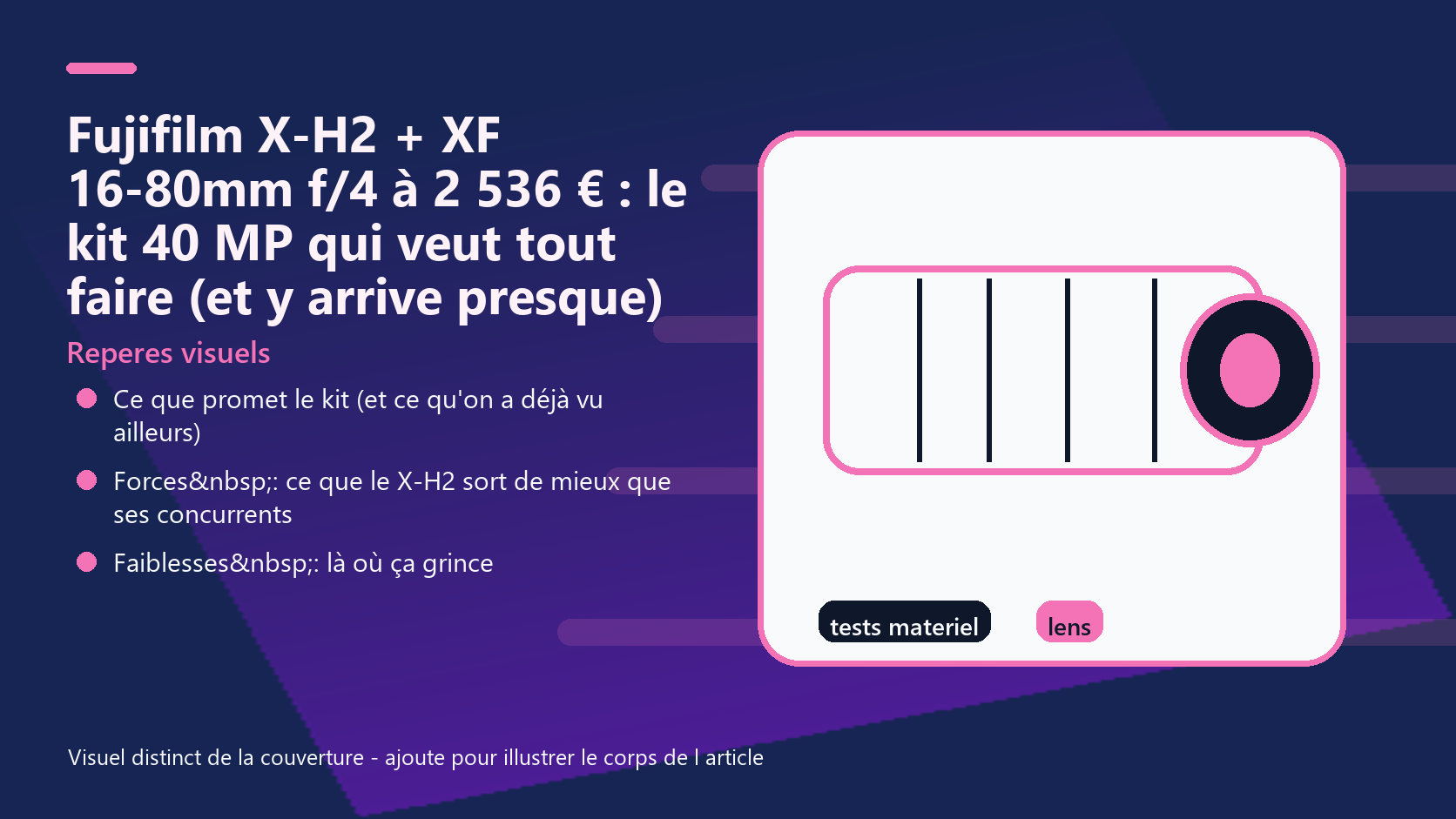 Infographie de reperes visuels pour l article Fujifilm X-H2 + XF 16-80mm f/4 à 2 536 € : le kit 40 MP qui veut tout faire (et y arrive presque)