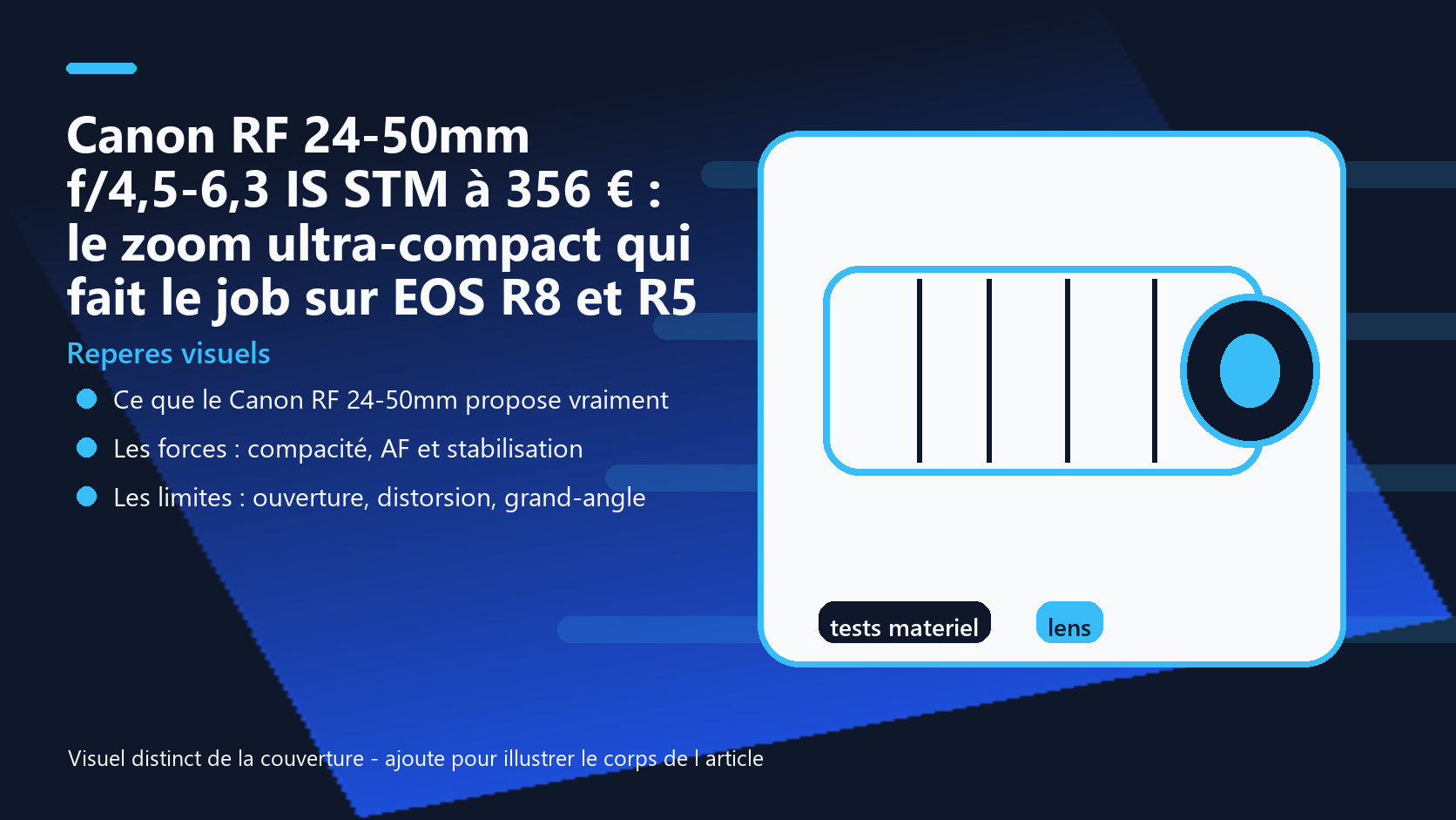 Infographie de reperes visuels pour l article Canon RF 24-50mm f/4,5-6,3 IS STM à 356 € : le zoom ultra-compact qui fait le job sur EOS R8 et R5