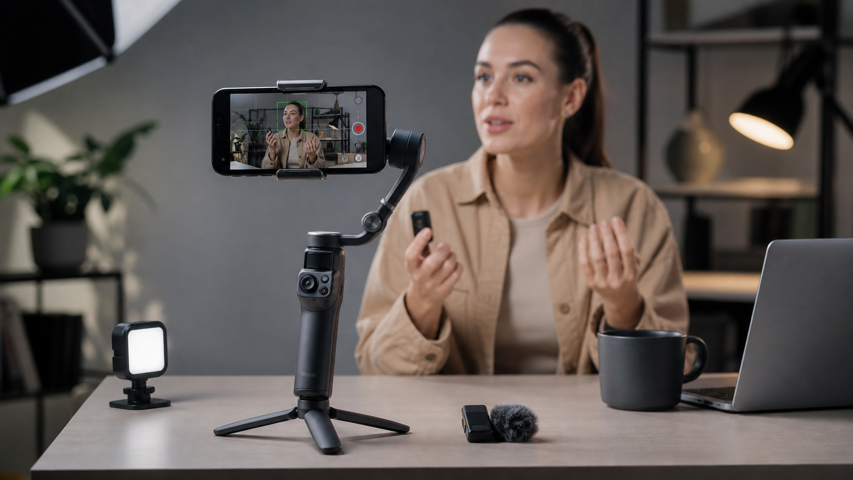 Createur filmant avec un smartphone stabilise sur gimbal, micro sans fil et eclairage compact