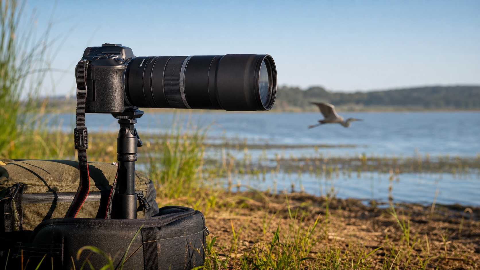 Canon RF 800mm f/11 utilise en affut pres d un plan d eau en pleine lumiere