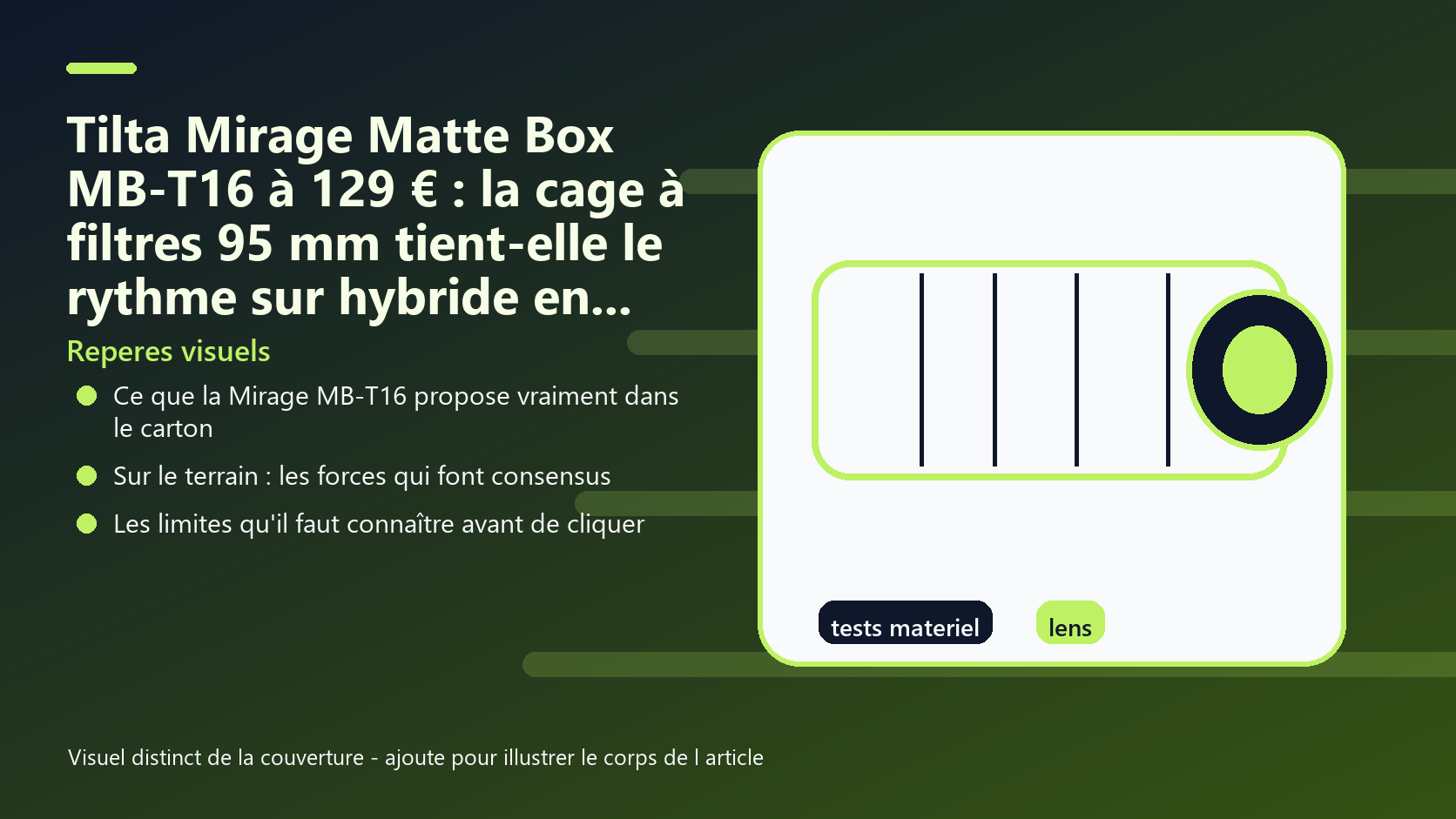 Infographie de reperes visuels pour l article Tilta Mirage Matte Box MB-T16 à 129 € : la cage à filtres 95 mm tient-elle le rythme sur hybride en 2026 EUR
