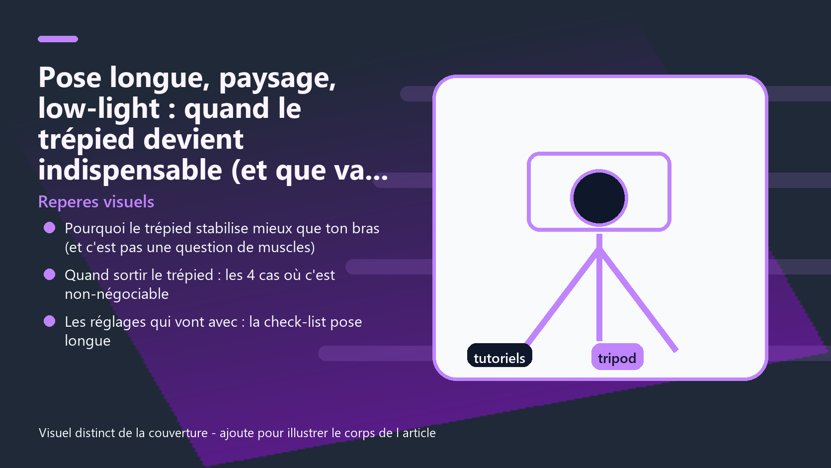 Infographie de reperes visuels pour l article Pose longue, paysage, low-light : quand le trépied devient indispensable (et que vaut un modèle à 38 €) EUR