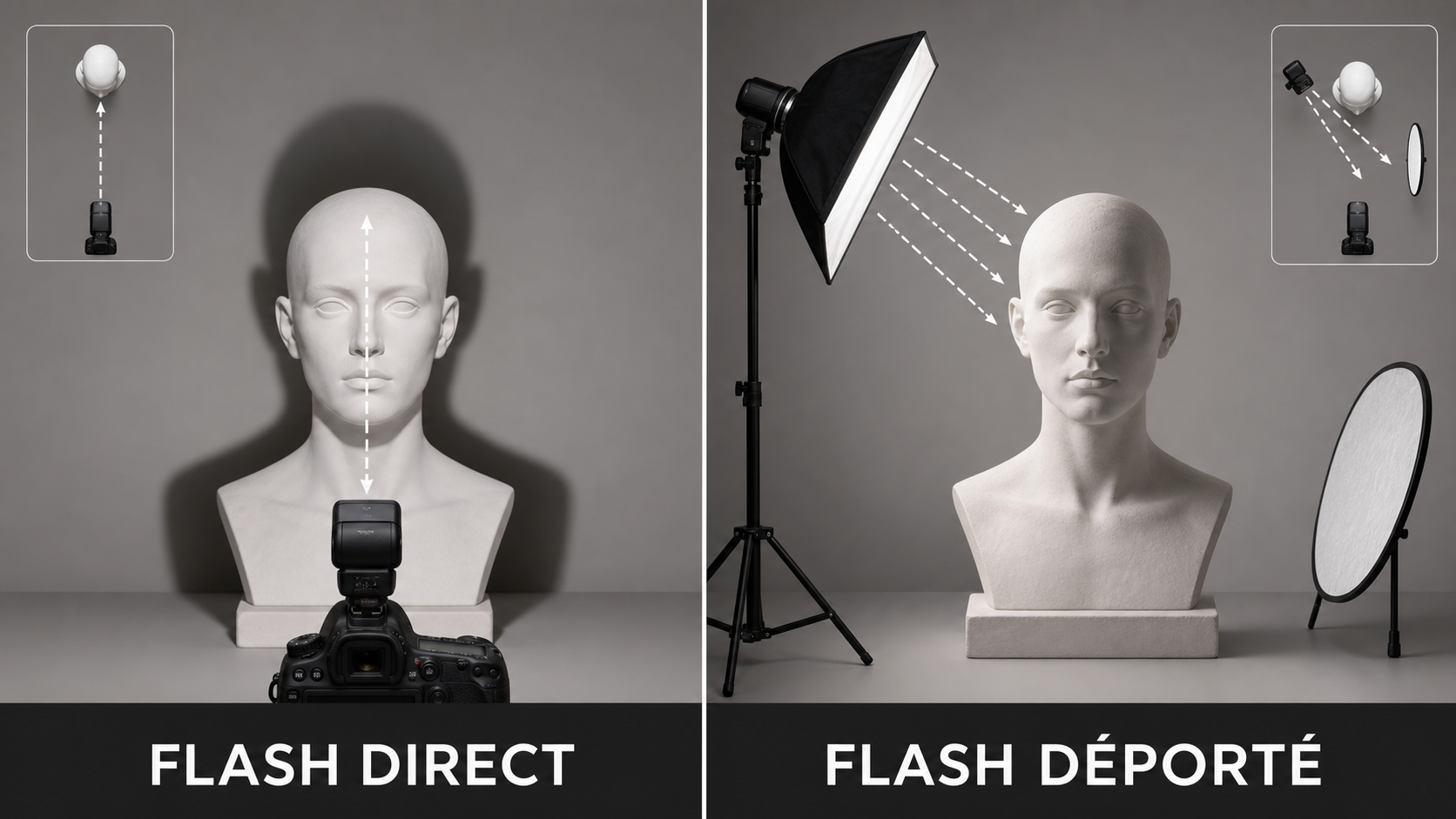 Comparaison d'un flash frontal sur le boîtier et d'un flash déporté à 45 degrés avec softbox