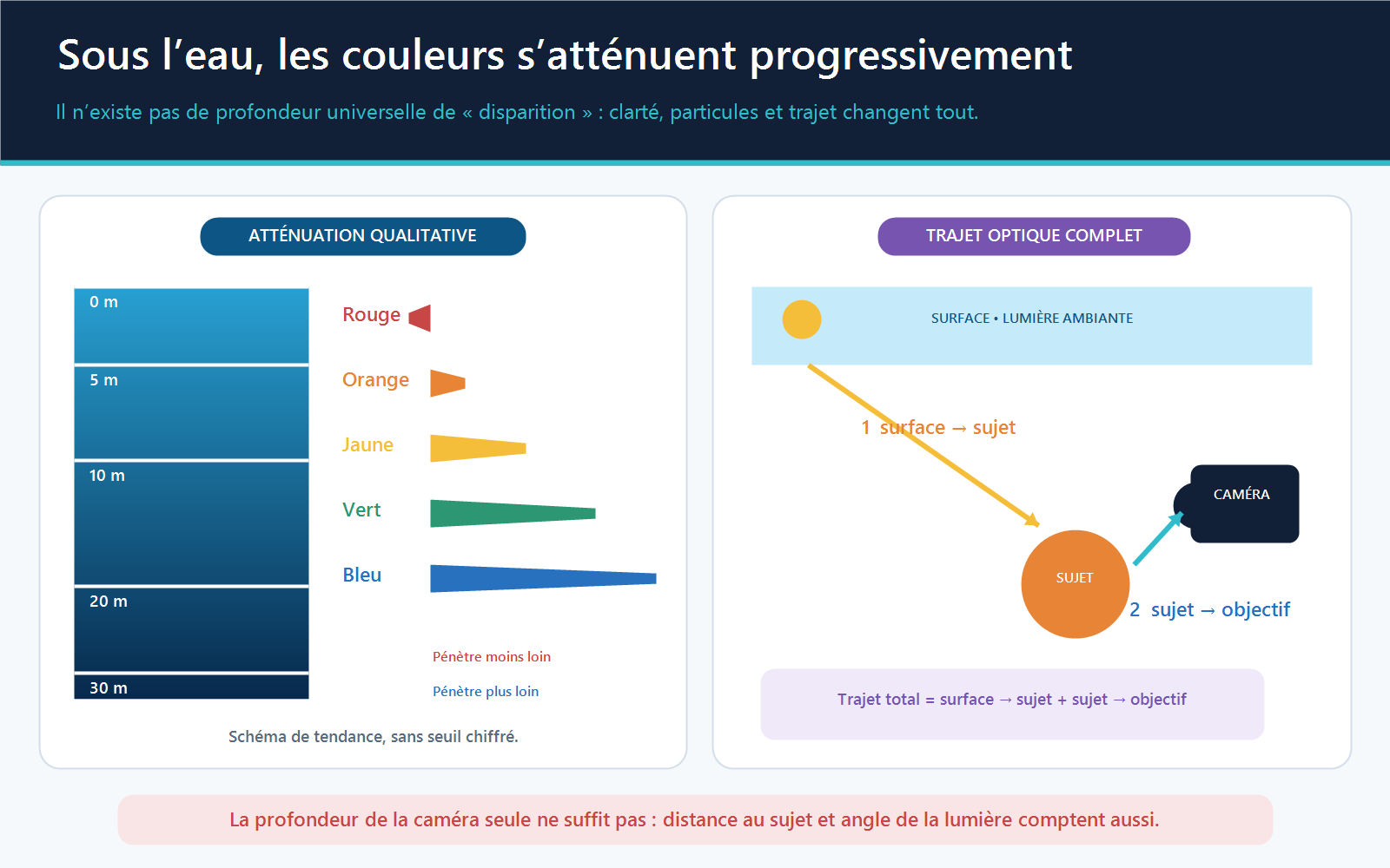 Schéma montrant l’atténuation progressive des couleurs sous l’eau et le trajet surface-sujet puis sujet-appareil en lumière ambiante.