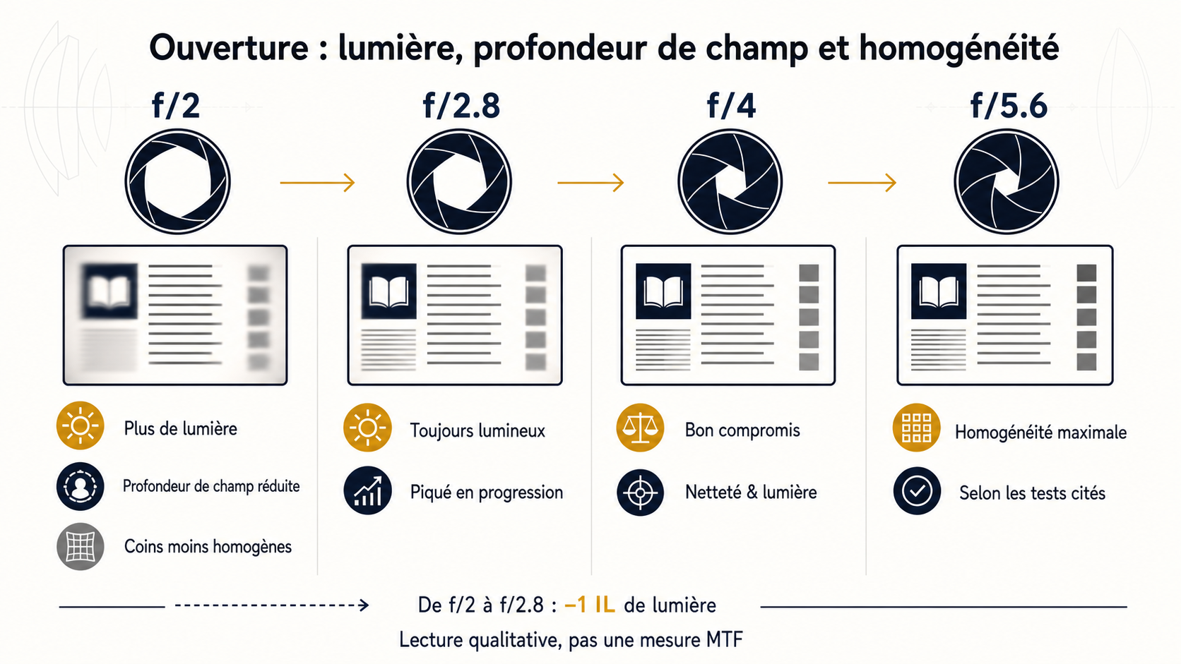Schéma qualitatif du NIKKOR Z 40 mm f/2 de f/2 à f/5.6 montrant lumière, profondeur de champ et homogénéité