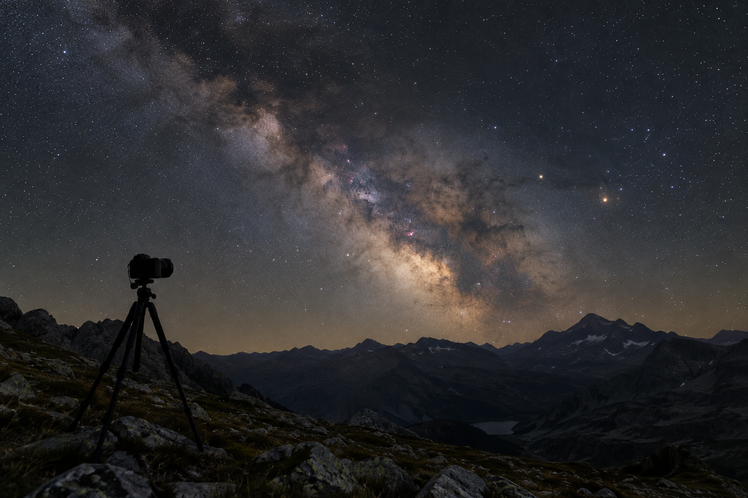 Appareil photo sur trépied face à la Voie lactée au-dessus d'un paysage montagneux nocturne