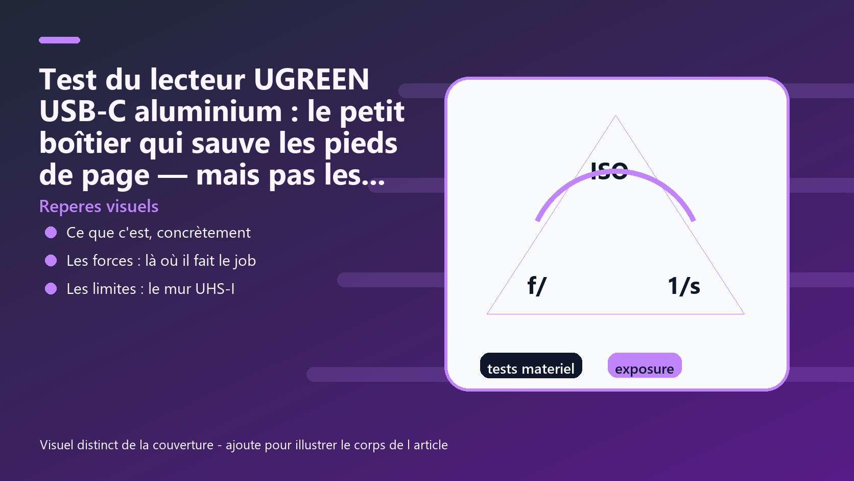 Infographie de reperes visuels pour l article Test du lecteur UGREEN USB-C aluminium : le petit boîtier qui sauve les pieds de page — mais pas les photos RAW en rafale