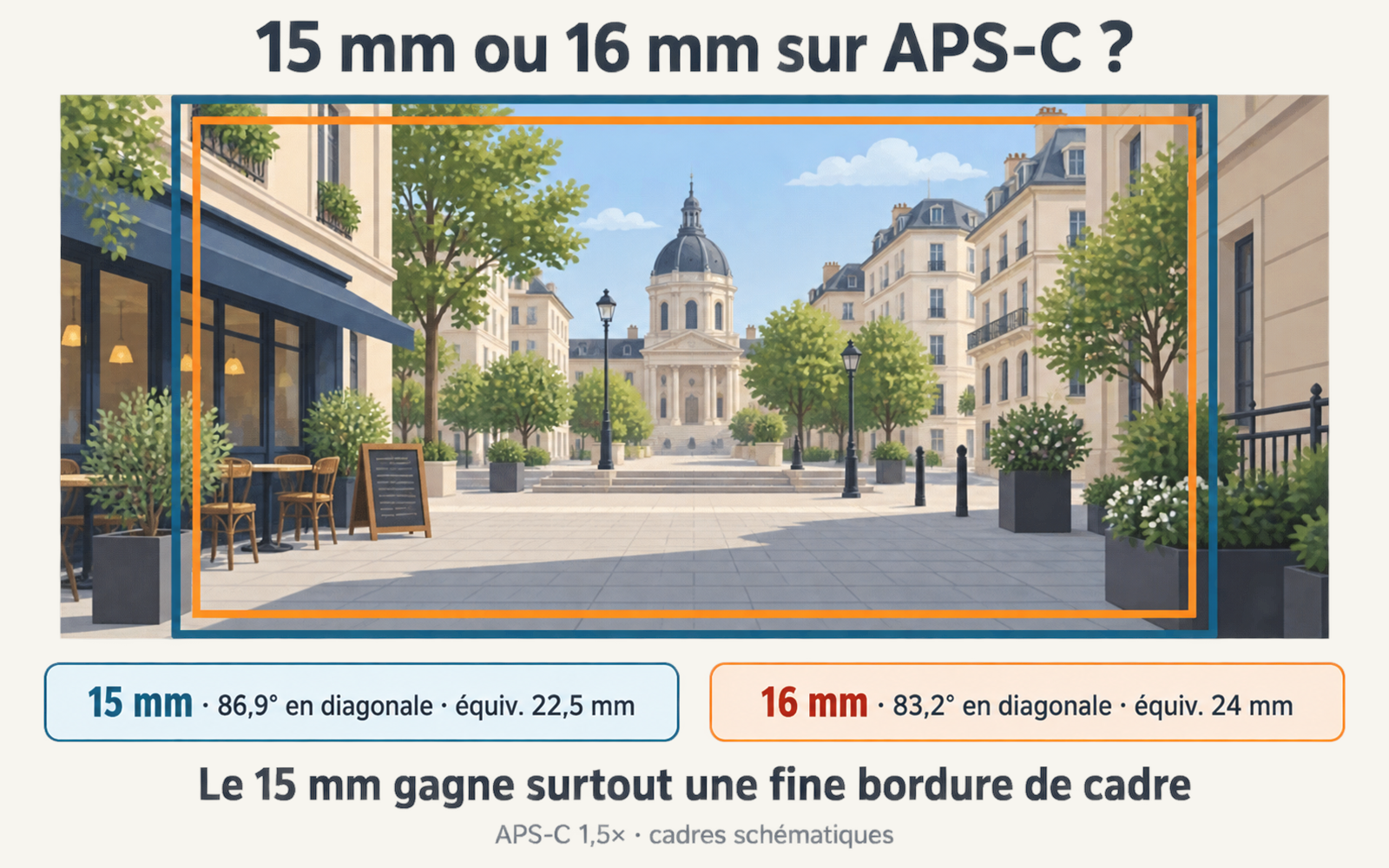 Schéma comparant le cadrage d’un 15 mm et d’un 16 mm sur APS-C Sony, soit 22,5 et 24 mm équivalents