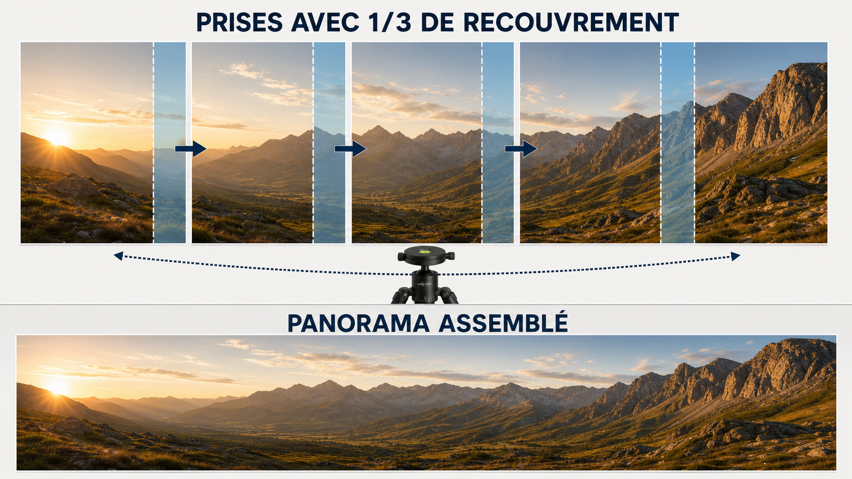 Cinq vues verticales se chevauchant d'un tiers au-dessus du panorama de montagne assemblé