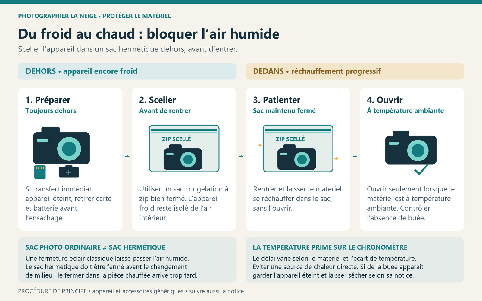 Procédure en quatre étapes du froid vers le chaud : préparer dehors, fermer un sac hermétique dehors, patienter avec le sac scellé et ouvrir à température ambiante.