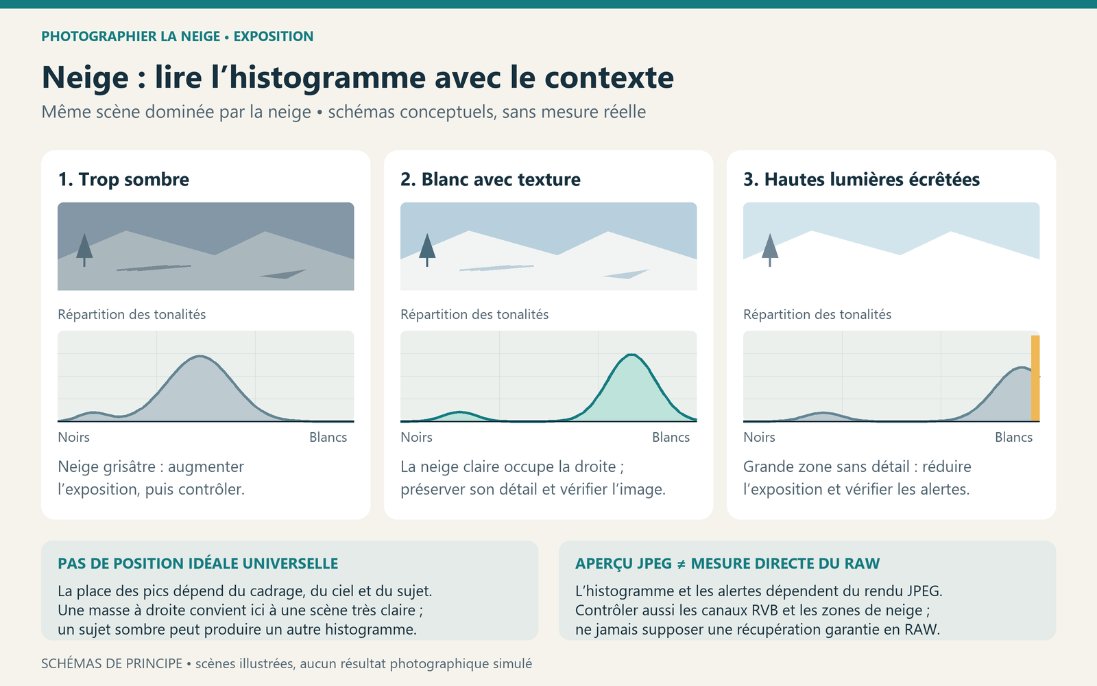Trois schémas de la même scène enneigée et de ses histogrammes : neige grisâtre, neige claire avec texture et neige écrêtée sans détail.