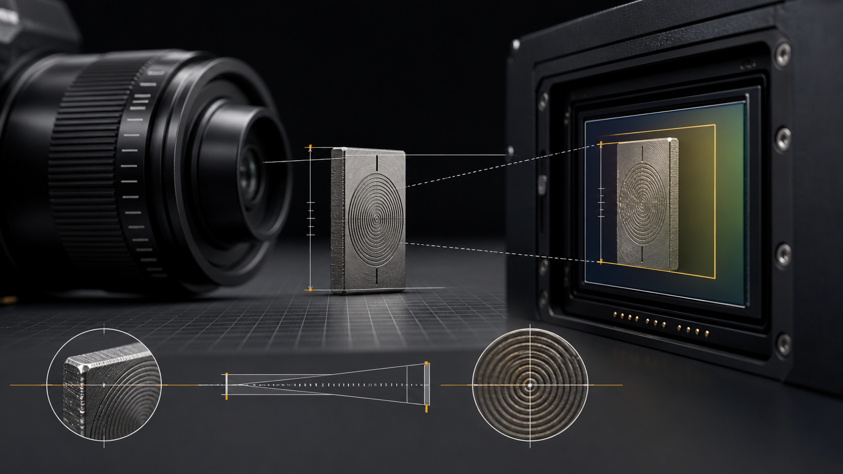 Photo illustration professionnelle du rapport macro 1:1 entre un petit sujet et sa projection sur un capteur